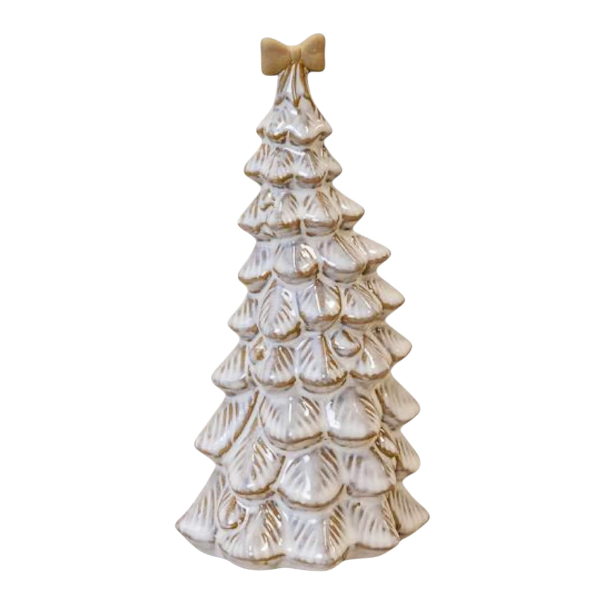 Four Candle 20cm Medium Glazed Ceramic Bendy Christmas Tree with Cream Bow in Off-White