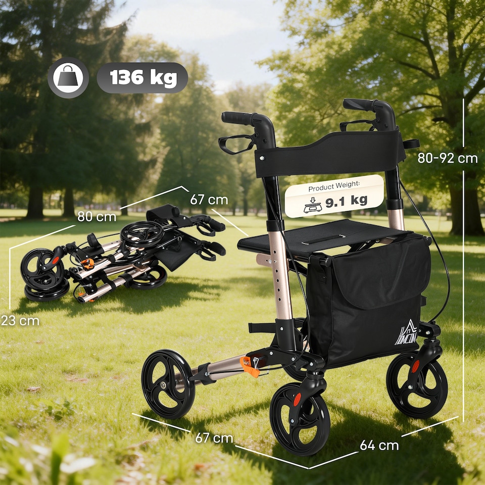 image 1 of HOMCOM 4 Wheel Rollator Walker, Mobility Walker with Bag, Seat, Gold Tone