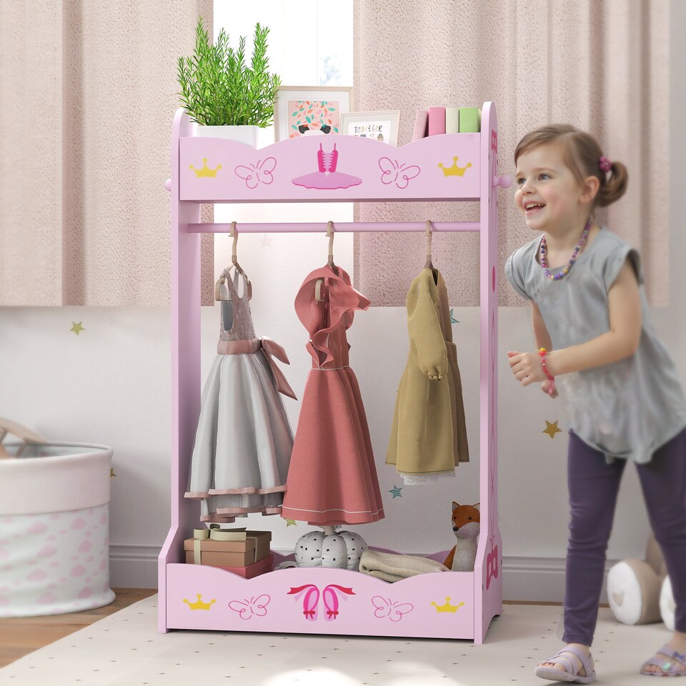 image 1 of AIYAPLAY Kids Clothes Rail w Storage Shelves for Bedroom, Nursery, Pink