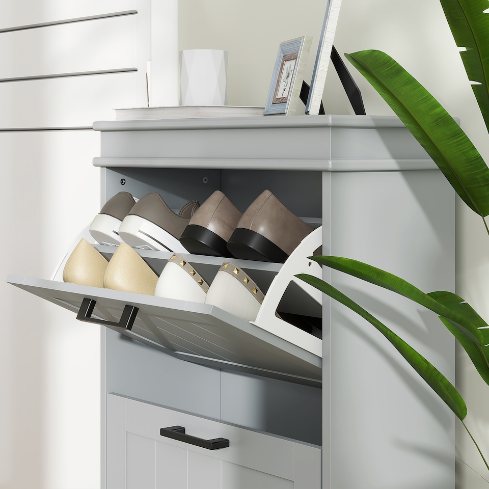 image 1 of HOMCOM Slim Shoe Storage Cabinet with 2 Flip Drawers for Entryway, Grey | Grey