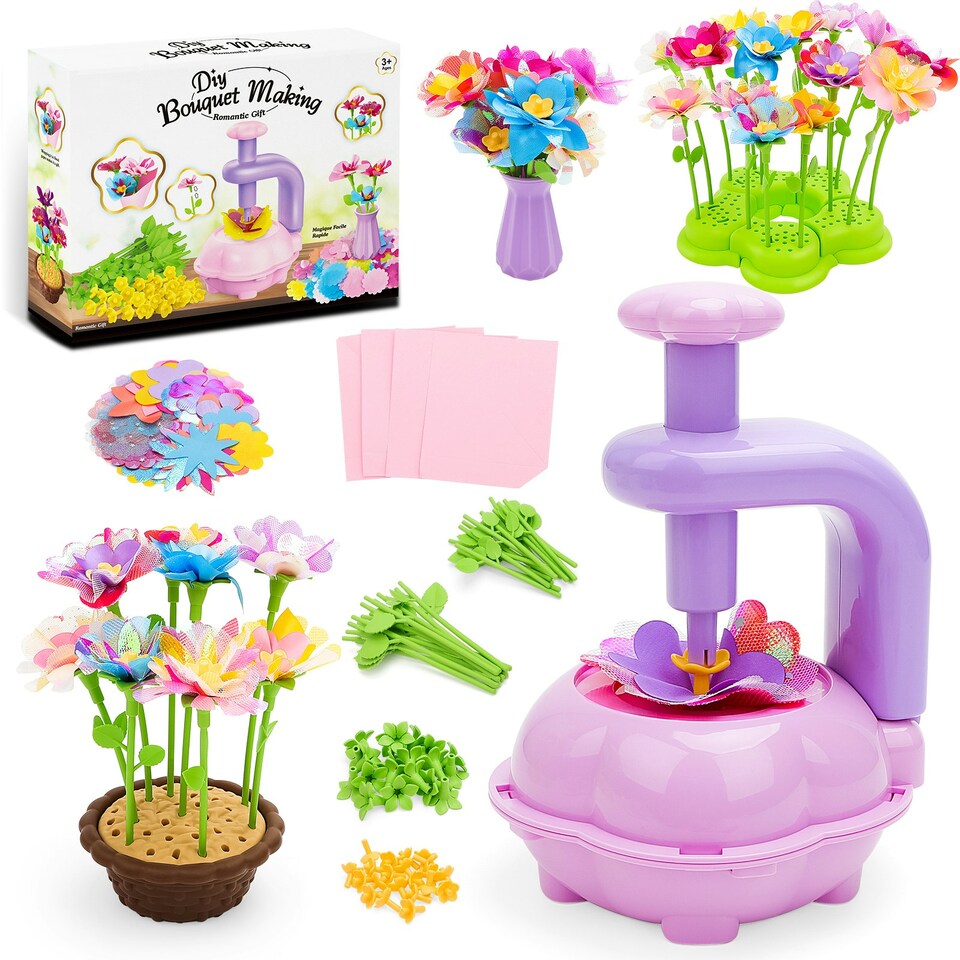 image 1 of DIY Flower Bouquet Craft Kit for Kids – Decorate with Press Machine, Colorful Petals, Basket & Vase