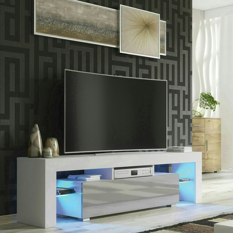 image 1 of TV Unit 160cm Grey Gloss Door White Matt Body with LED Glass Shelves | White | Grey | One Size | 1