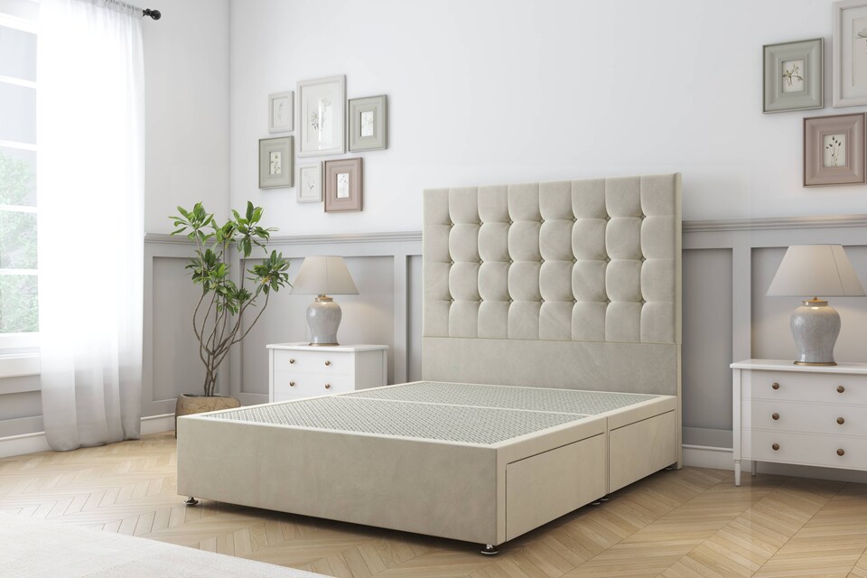 image 1 of Sloomy Alabama Cream Plush Divan Bed Base No Drawers With 54 Inch Floor Standing Headboard | Cream | Cream | Small Double | 1