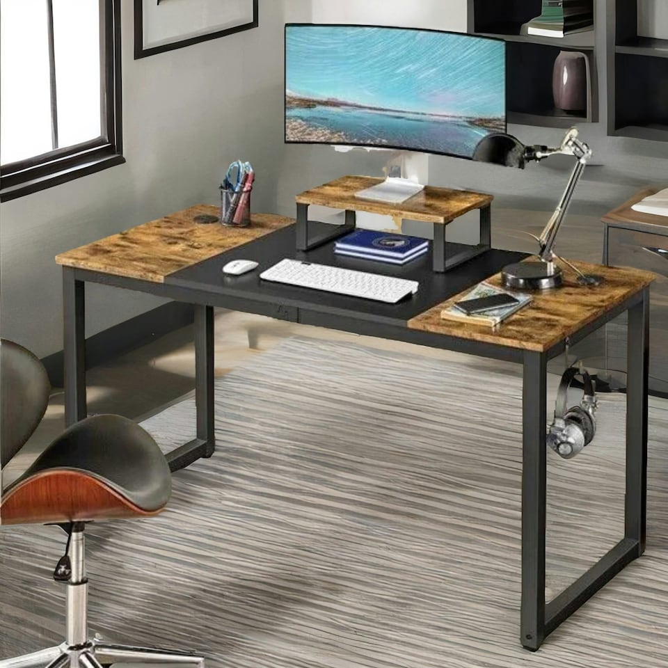 image 1 of Industrial Writing Desk With Moveable Monitor Mount Brown