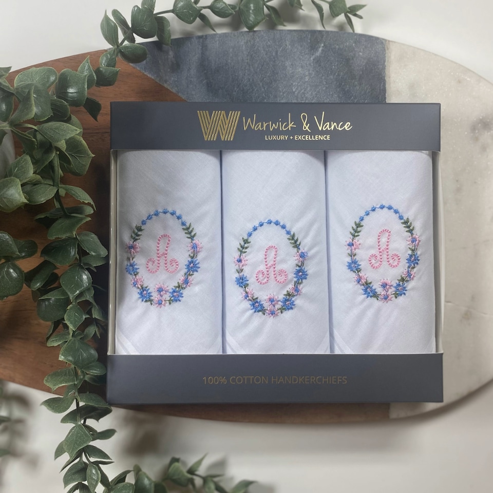 image 1 of Warwick & Vance 3 Pack White Handkerchiefs with Embroidered Framed Initials, Letter A
