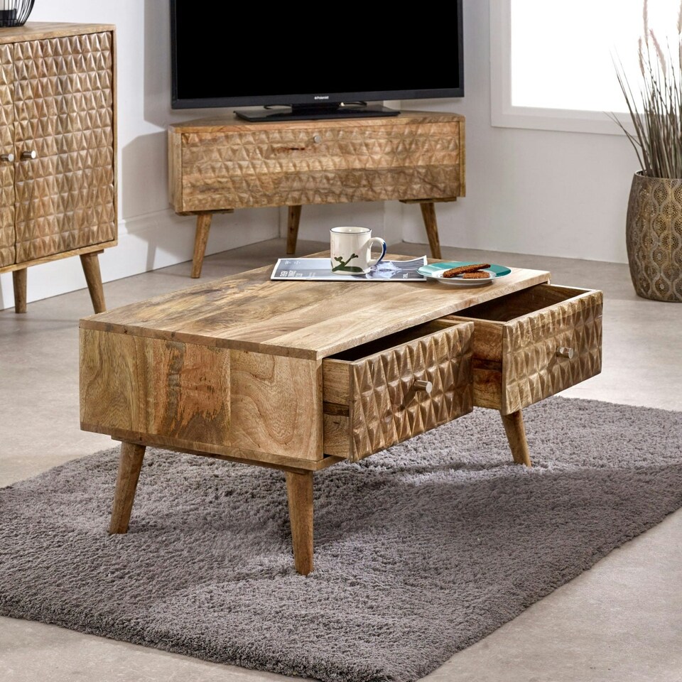 image 1 of Zenon Light Mango Wood Coffee Table with 2 Drawers Brown