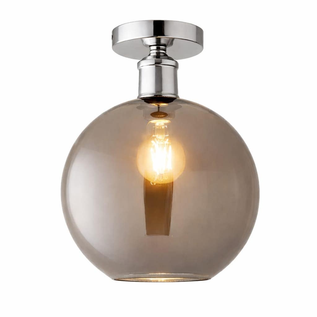 ValueLights Bellamy Smoked Glass Globe Flush Ceiling Light in Silver