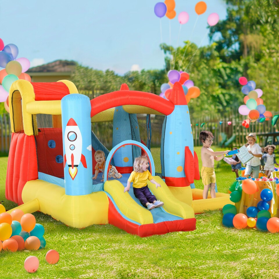 image 1 of Outsunny Bouncy Castle with Slide Pool Rocket Trampoline w/ Carrybag Blower