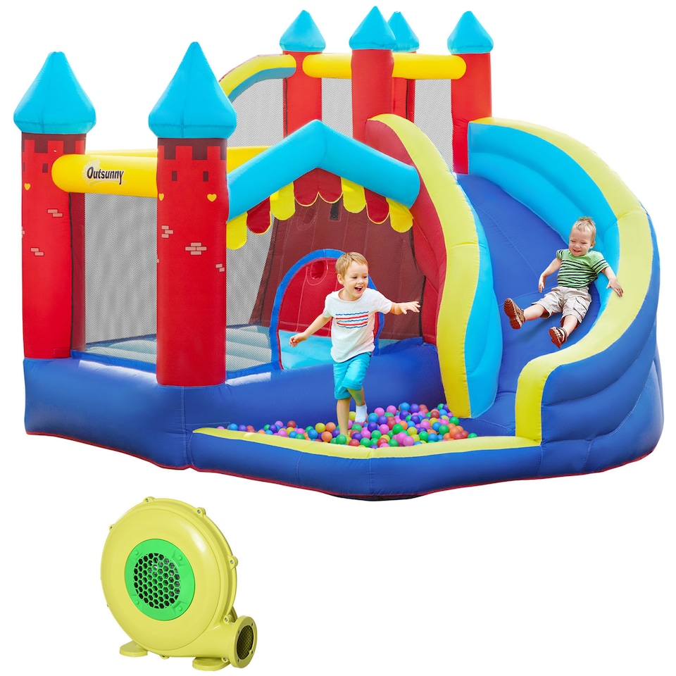 image 1 of Outsunny Kids Bouncy Castle w Slide, Pool, Trampoline, Climbing Wall, Blower