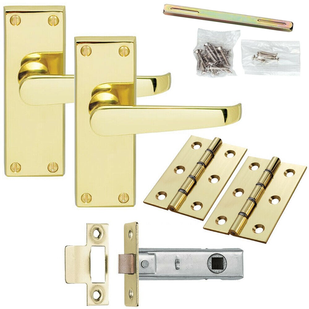 Loops Door Handle & Latch Pack Brass Victorian Straight Lever on Square Backplate in Metallics