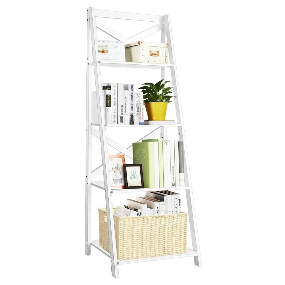 image 1 of COSTWAY 4 Tier Ladder Shelf Storage Wooden Bookcase White White