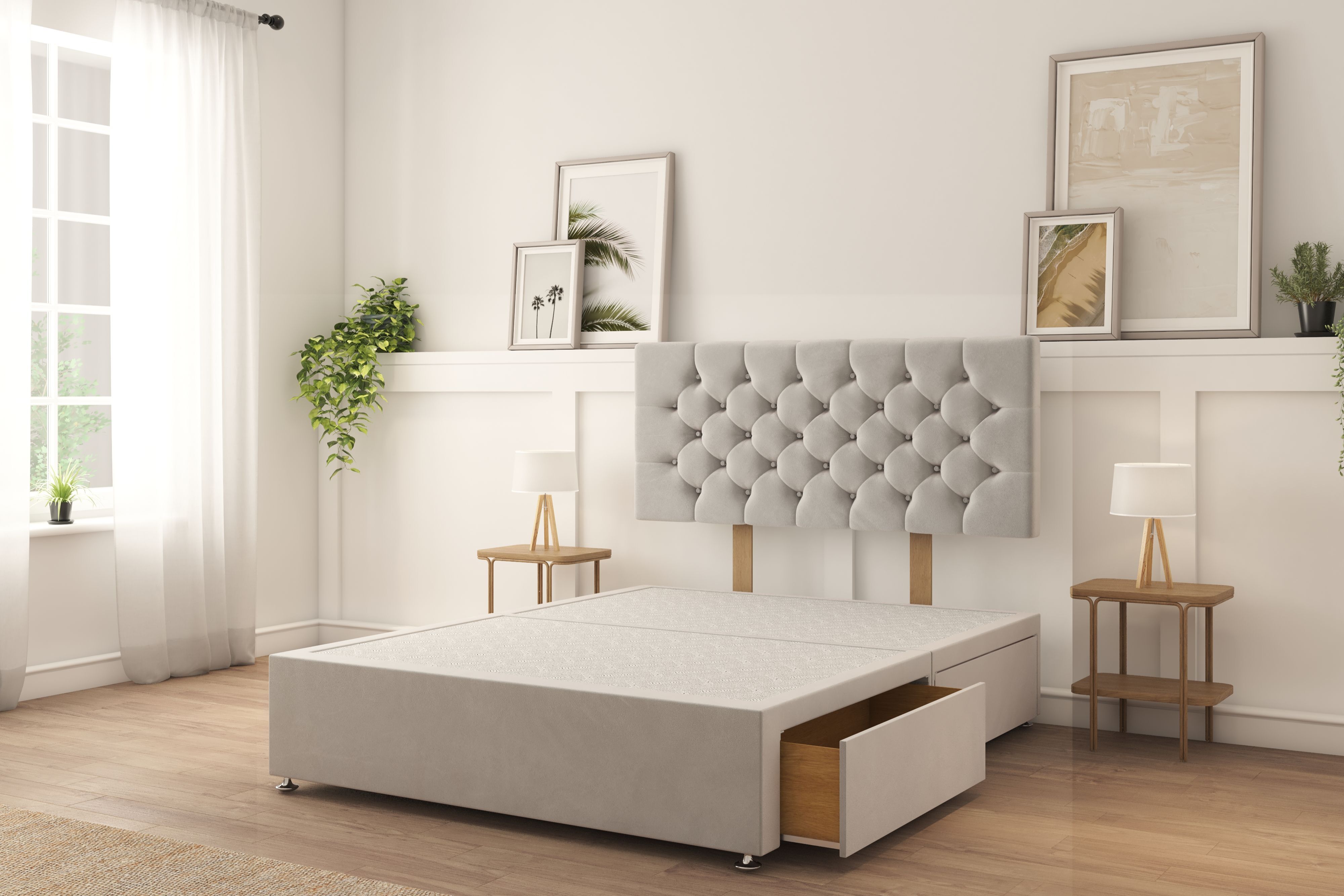 Sloomy Mayfair Silver Plush Divan Bed Base 2 Drawers Same Side With 26" Strutted Headboard 4'6 Double