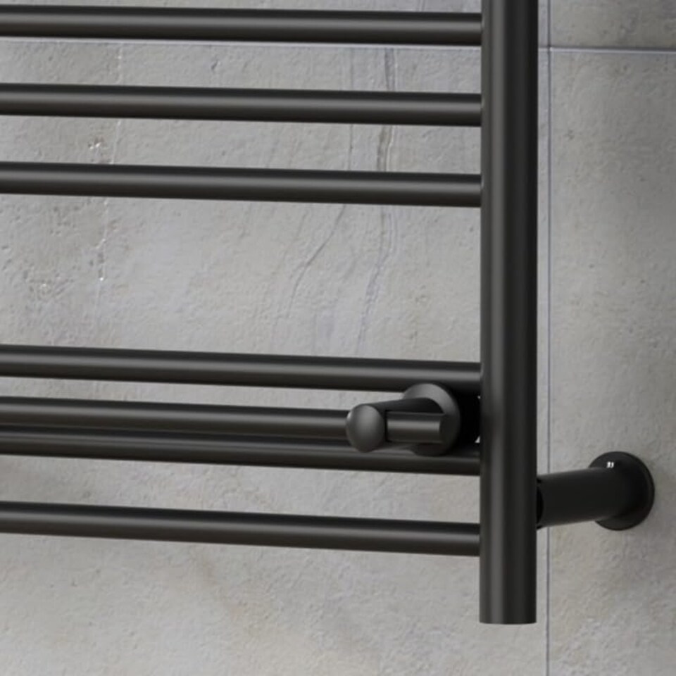 image 1 of 490mm x 680mm Black Heated Towel Rail Radiator Top Shelf & Two Towel Holder OSLO For Bathroom & Kitchen Rag Storage Rack