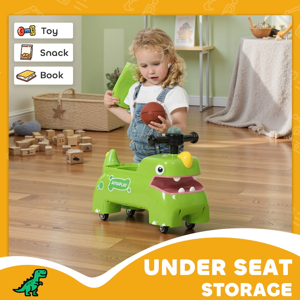 image 1 of AIYAPLAY Kids Ride On Car, Dinosaur Shape Toddler Walker | Green