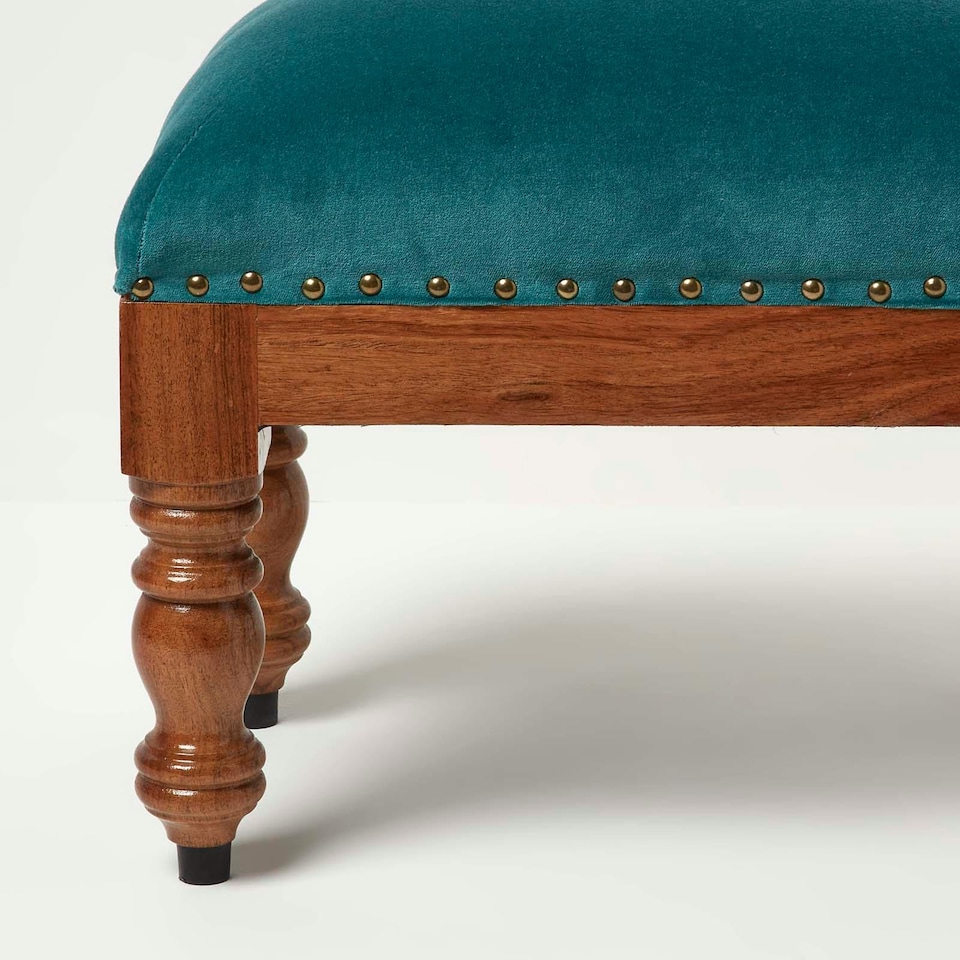 image 1 of Homescapes Mable Teal Green Velvet Rectangular Footstool