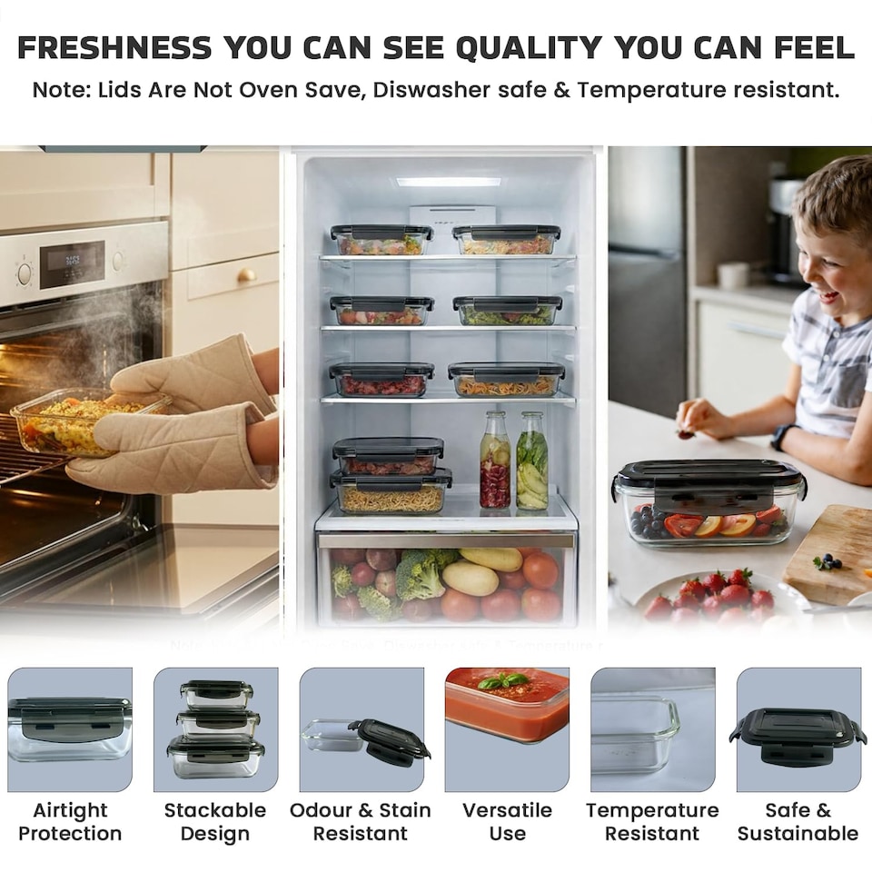 image 1 of 380ml Meal Prep Glass Containers with Airtight Lids Clip Lock Takeaway Containers Pack 4