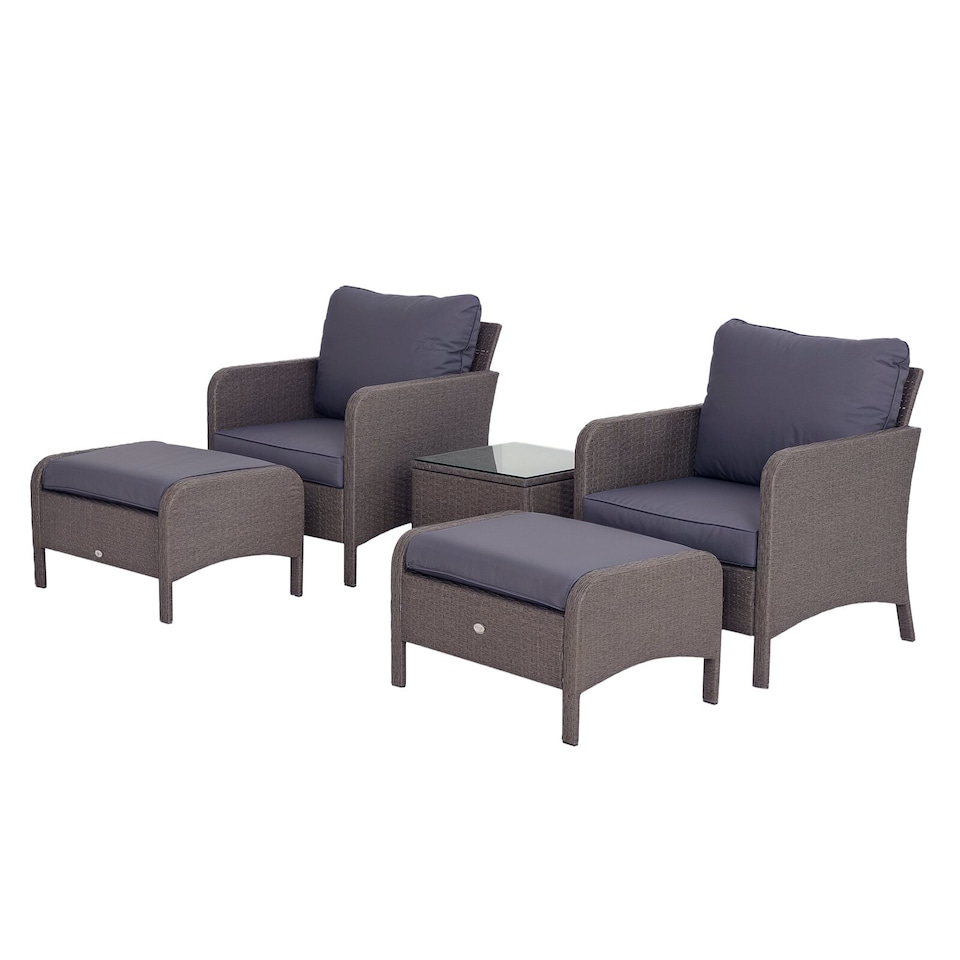image 1 of Outsunny 5 Pieces PE Rattan Garden Furniture Set with 10cm Thick Padded Cushions, Wicker Weave Outdoor Seating Chairs with 2 Armchairs, 2 Stools, Glass Top Table, Grey
