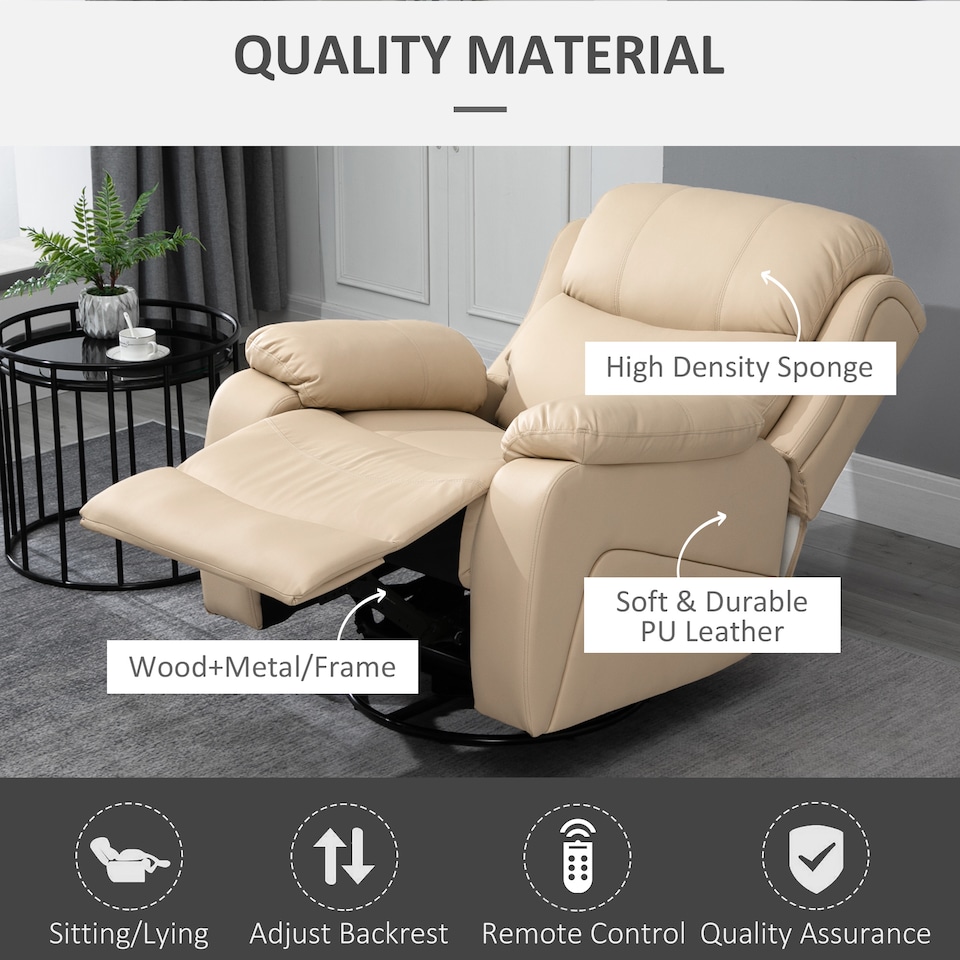 image 1 of HOMCOM PU Leather Massage Recliner Chair with 8 Points and Heat, Manual Reclining Chair with Swivel Base, Footrest and Remote, Rocking Armchair, Beige