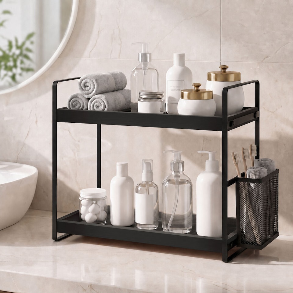 image 1 of Levede Bathroom Organiser Countertop 2 Tier Perfume Skincare Storage Shelf Black