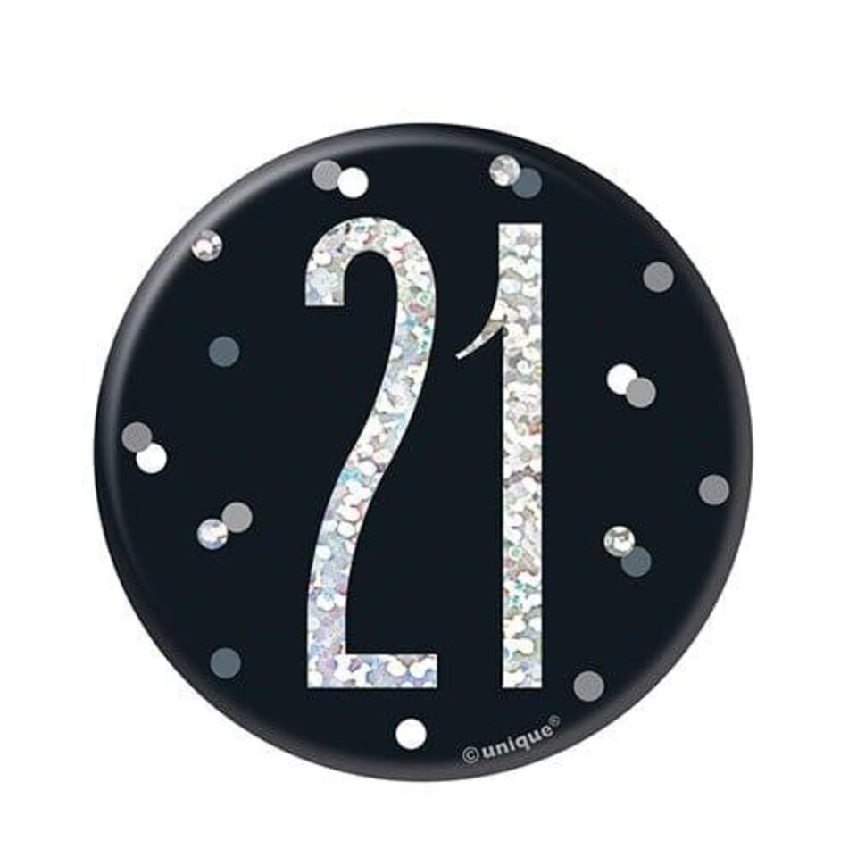 Black Glitz Age 21 Holographic Birthday Badge 7cm
