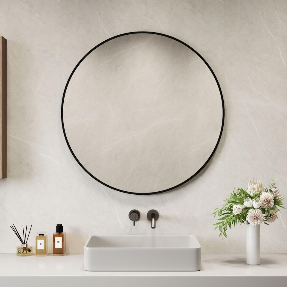 image 1 of Black or Gold Round Metal Frame Wall Mirror | Black