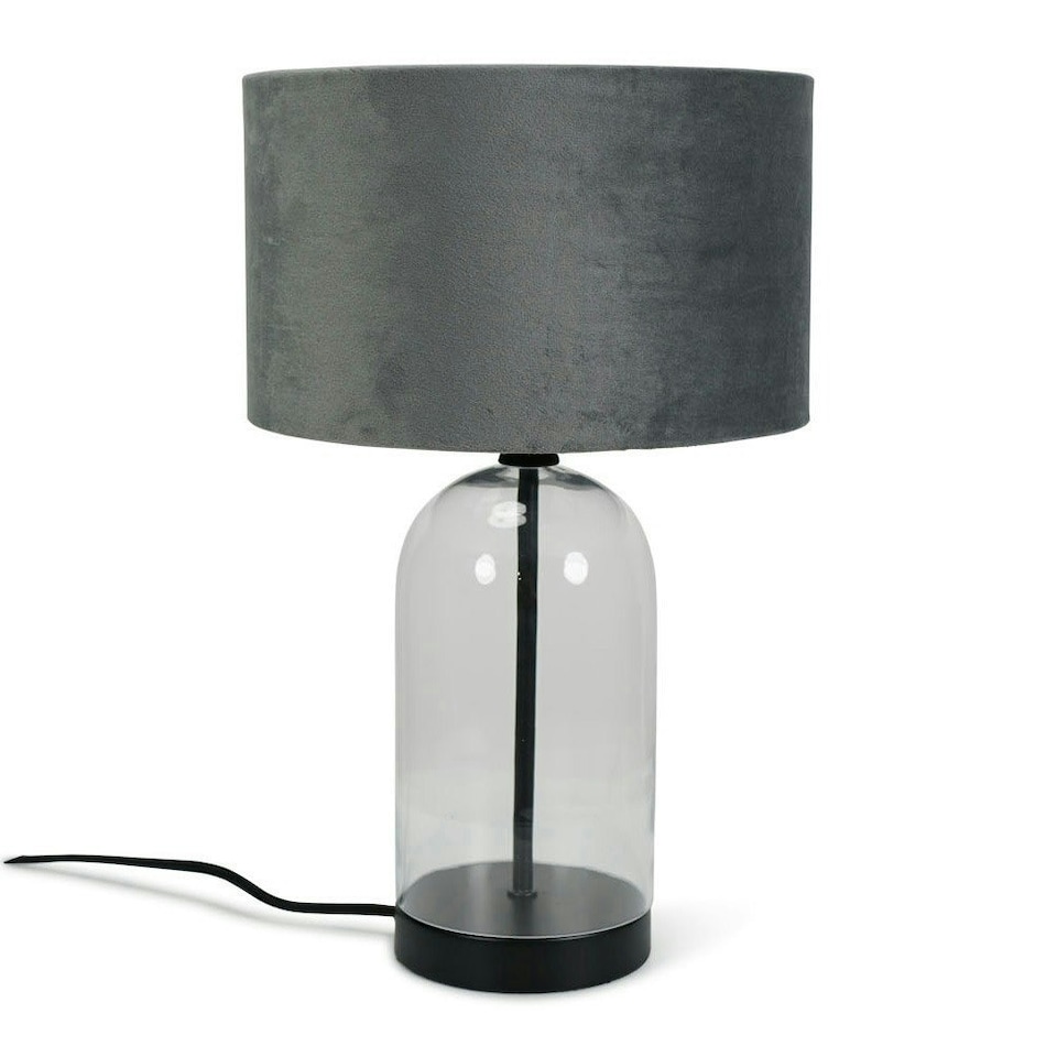 image 1 of ValueLights Jessy Glass and Black Metal Bedside Table Lamp with a Grey Velvet Lampshade