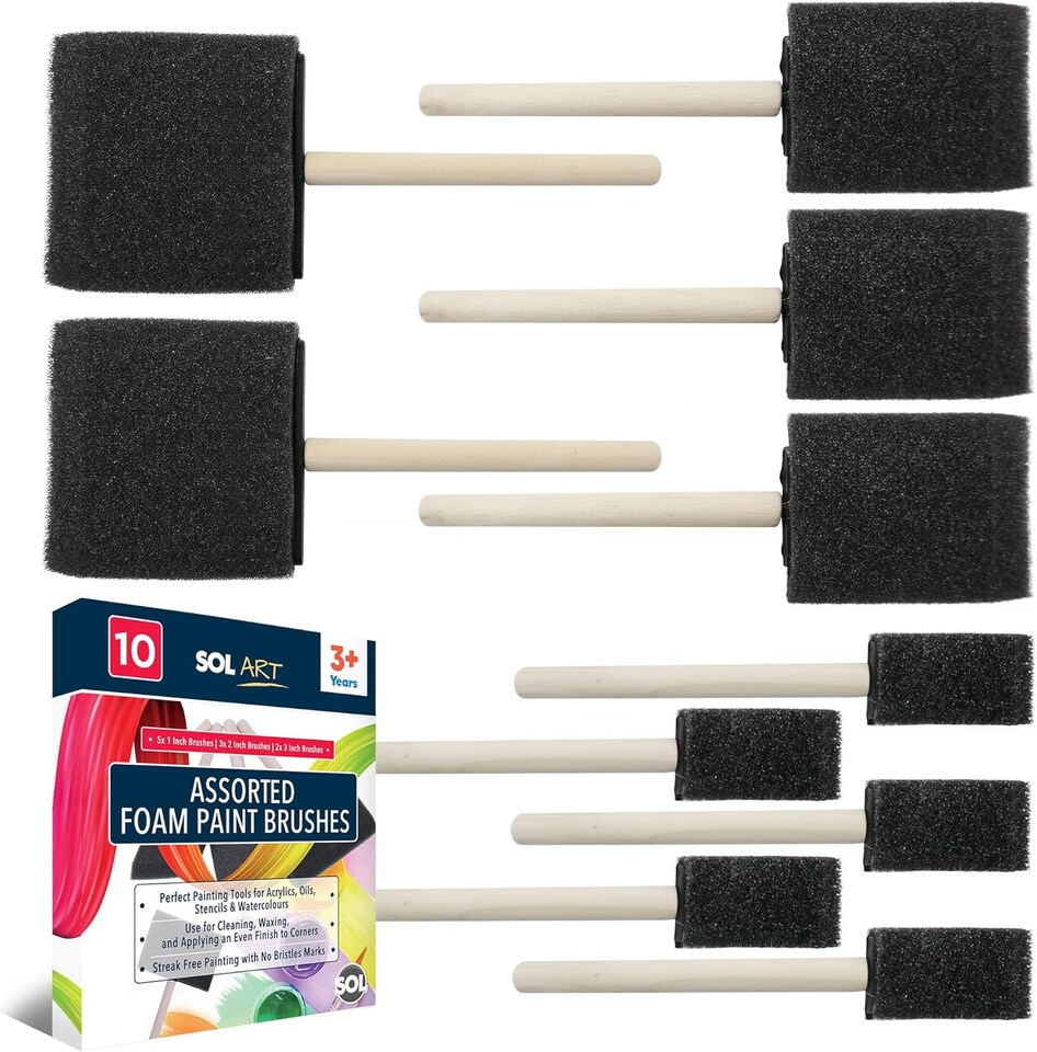 image 1 of 10pk Assorted Foam Brushes – 2.5, 5 & 7.5cm Sponge Paint Brushes for Acrylics, Varnish, Wood Stain, DIY Crafts & Smooth Application