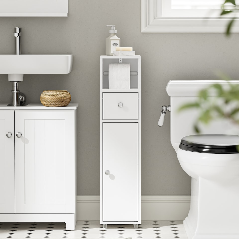 image 1 of SoBuy White Toilet Paper Storage Cabinet with Drawer and Adjustable Shelf, 7.8x7.8x33.4 in, 5.9 kg - BZR219-W