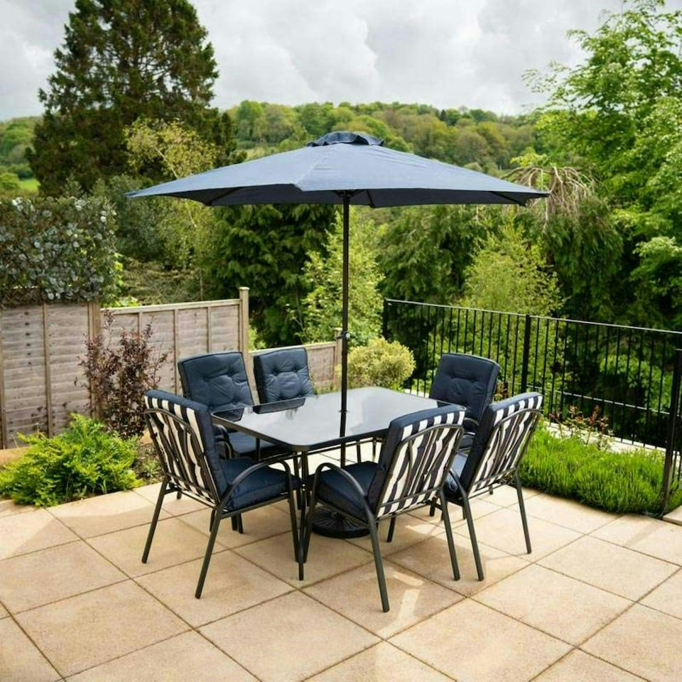 image 1 of Hectare 6 Seater Outdoor Furniture Rectangular Glass Table with Parasol Navy