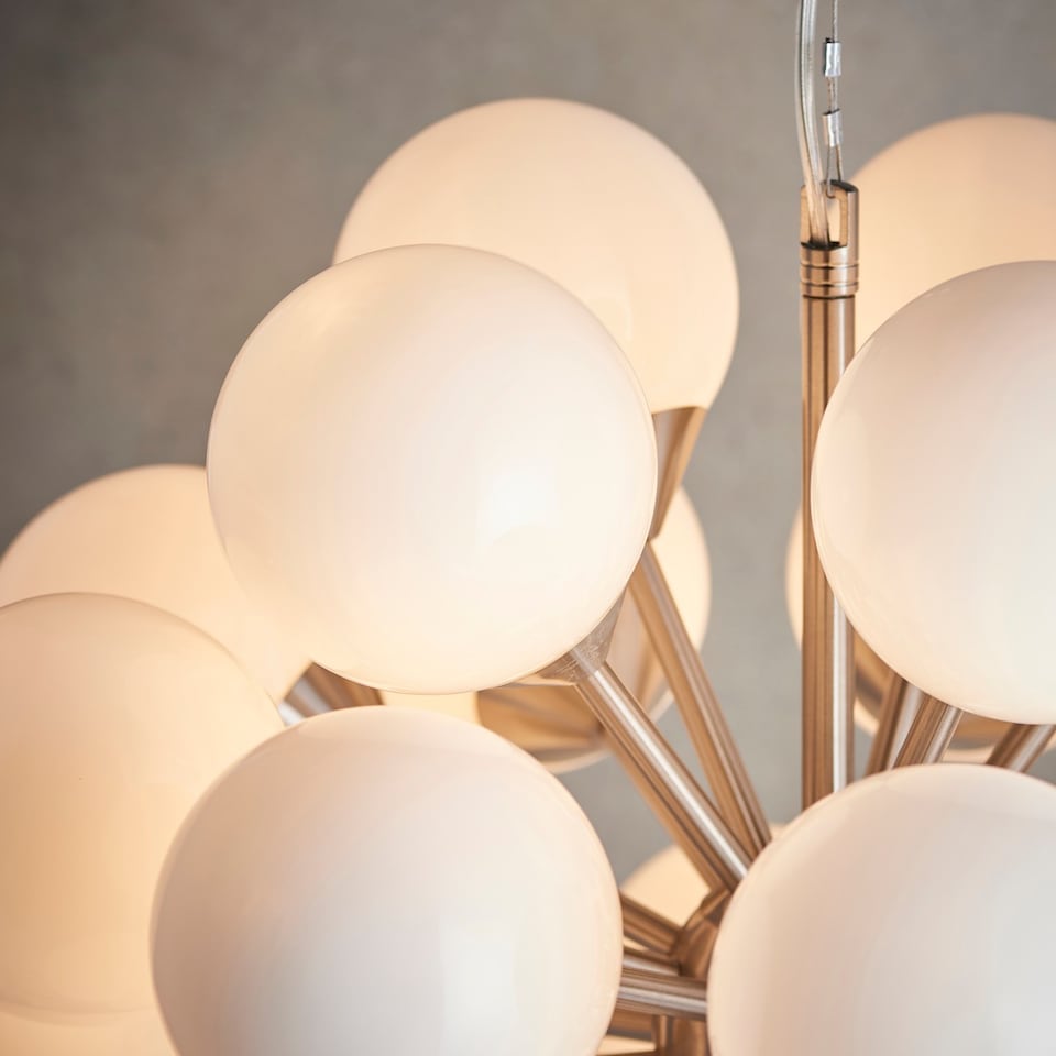 image 1 of Oscar Globe Pendant Satin Nickel Effect Plate & Gloss White Glass 28 Light Dimmable IP20 - G9 - End of Line