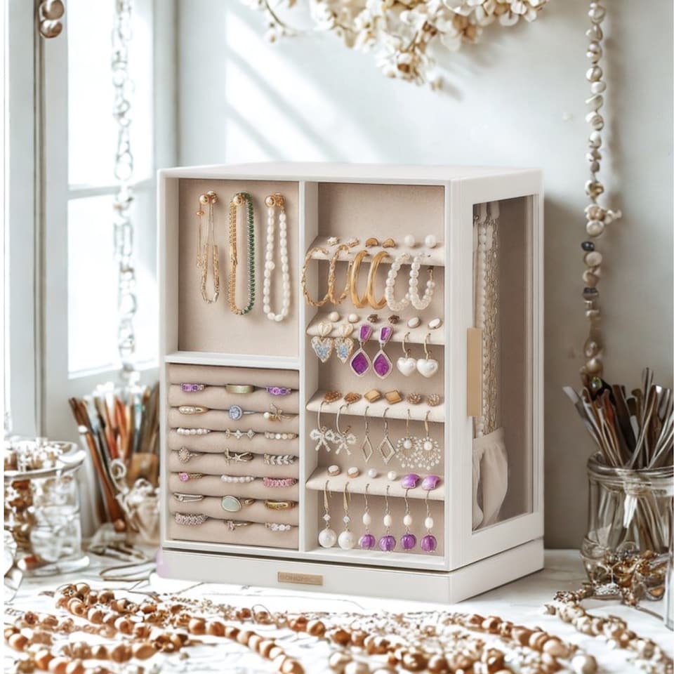 image 1 of Large Jewellery Organiser Box With Storage Drawers White