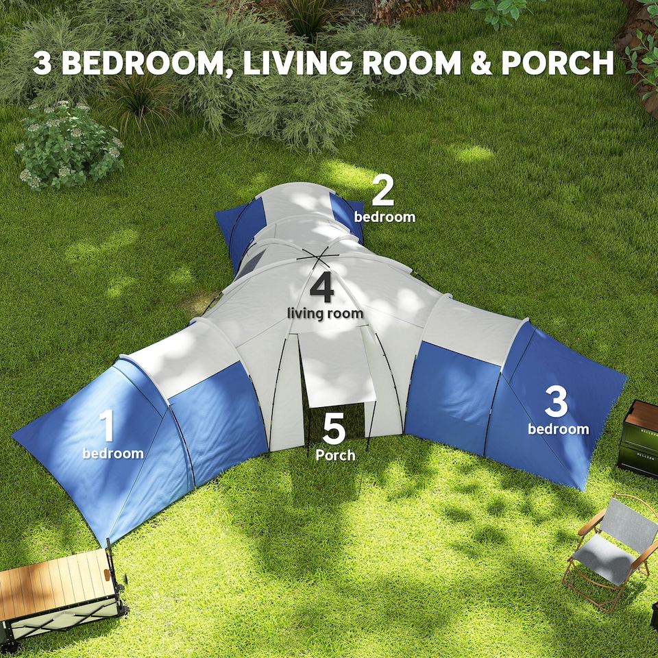 image 1 of Outsunny 6-9 Man Large Tunnel Tent with 3 Bedroom, Living Area and Porch, Stand-up Camping Tent, Portable with Bag, for Fishing Hiking Festival | Blue | Blue