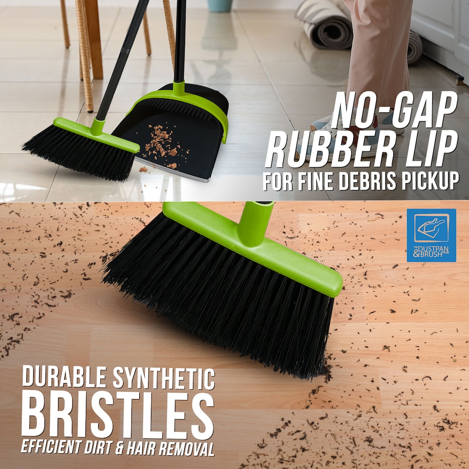 image 1 of Long Handled Dustpan and Brush Set Upright Sweeping Broom with Built-In Bristle Cleaner