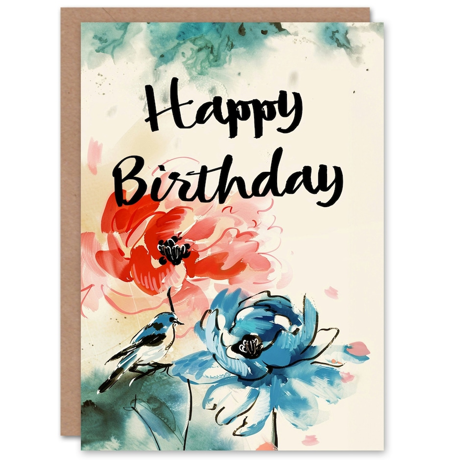 image 1 of Abstract Flowers Bluebird Woman Her Birthday Card