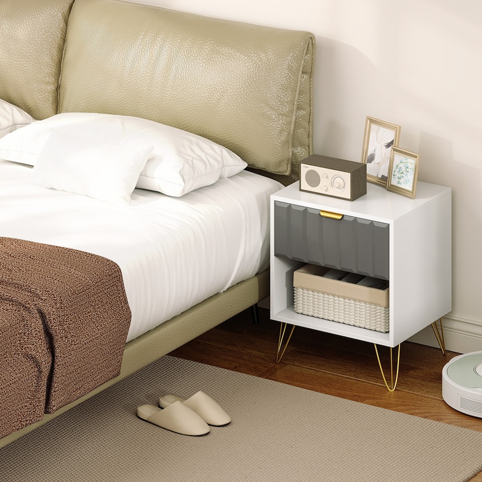 image 1 of HOMCOM Bedside Table with Drawer, Modern Bedside Cabinet with Open Compartment and Handle, Bedside Drawers for Bedroom, Living Room, White