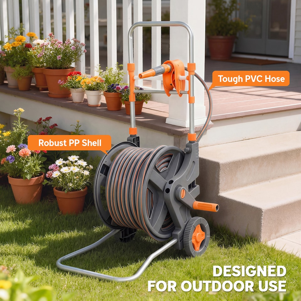 image 1 of Outsunny Hose Reel Cart with Wheels, 45+2m Garden Hose Reel, Orange | Orange | Orange and grey