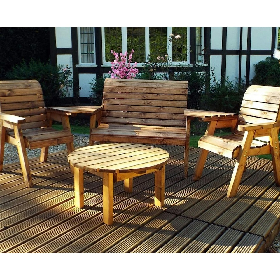 image 1 of Wooden 4 Seater Round Table Set With 1 x Bench Cushion Grey, 2 x Chair Cushion Grey & 1 x Scatter Cushion Grey