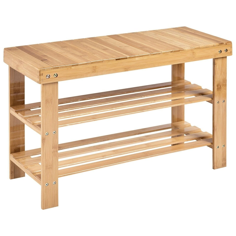 image 1 of COSTWAY 3-Tier Bamboo Shoe Bench Shoe Organizer Entryway Natural | Multi