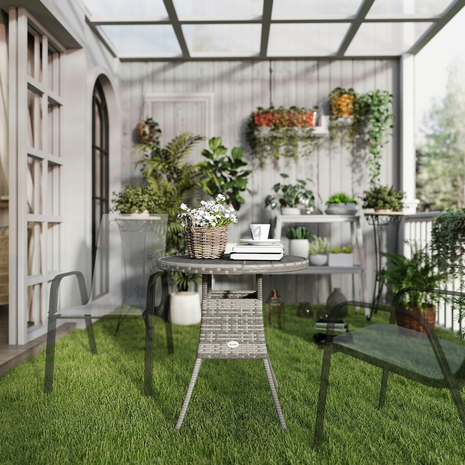 image 1 of Outsunny Outdoor PE Rattan Dining Table w/ Wood-plastic Composite Top, Grey