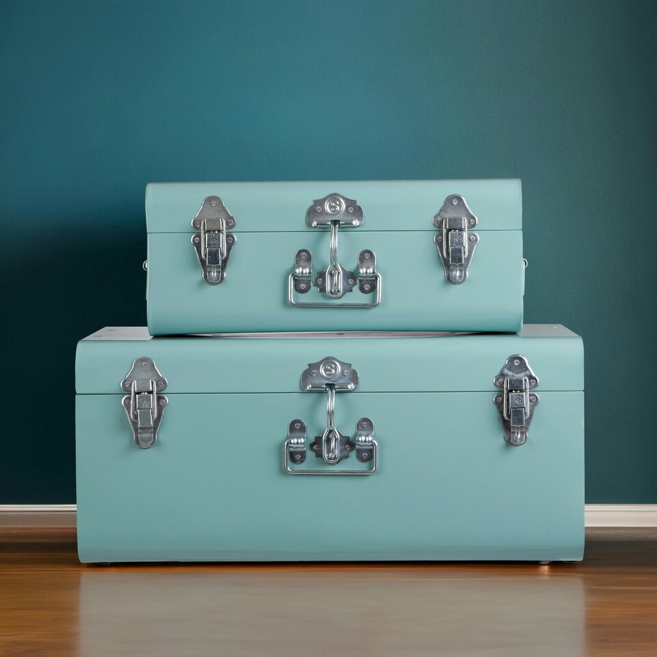 image 1 of Interiors by Premier Green Metal Storage Trunk Set, Set of 2 Metal Trunks, Small and Big Storage Trunk, Decorative Storage Trunks Green