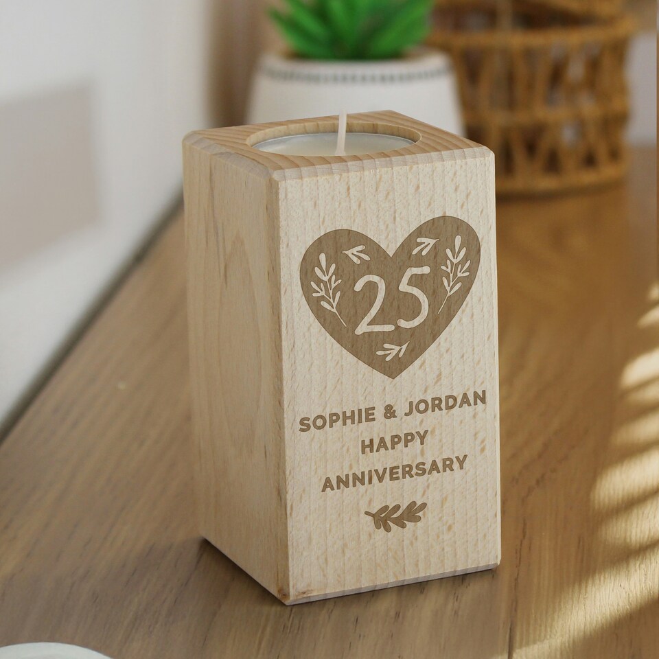 image 1 of Personalised Anniversary Wooden Tealight Holder | Brown