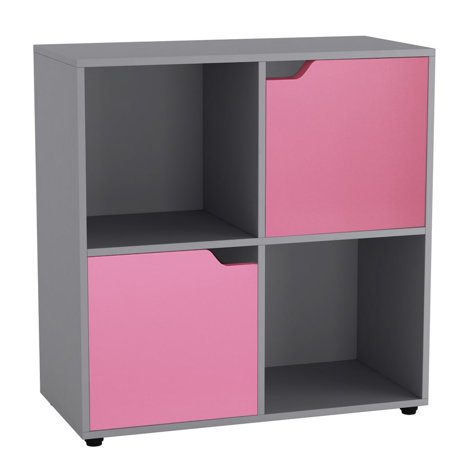 image 1 of 4-Cube Shelving Unit With Wooden Doors - Square | Grey | Grey & Pink | 1