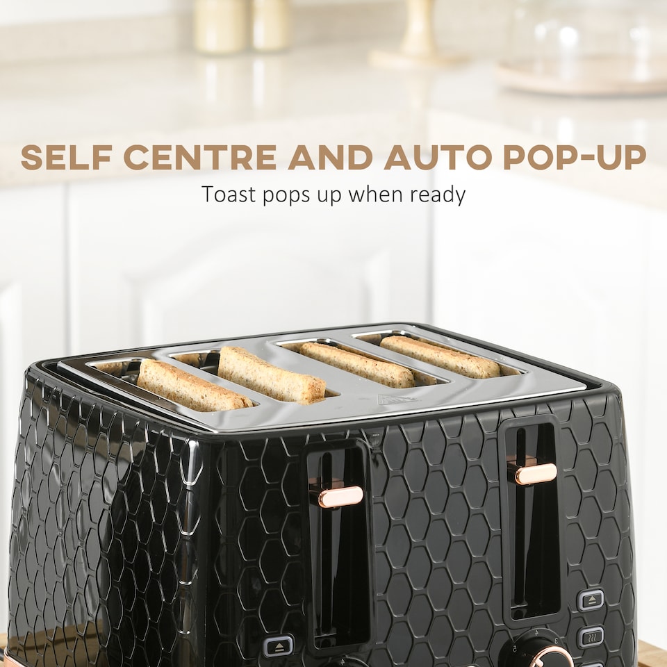 image 1 of HOMCOM Kettle and Toaster Set, 1.7L 3000W Auto Shut Off Fast Boil Jug Kettle, 4 Slice Toaster with 7 Level Browning Controls & Crumb Tray, UK Otter Thermostat, Black