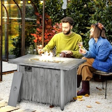 Outsunny Propane Gas Fire Pit Table for Garden, 50000 BTU Smokeless Firepit Outdoor Patio Heater with Waterproof Cover, Glass Screen, Glass Beads and Lid, Wood Effect, 109 x 56 x 63cm, Grey