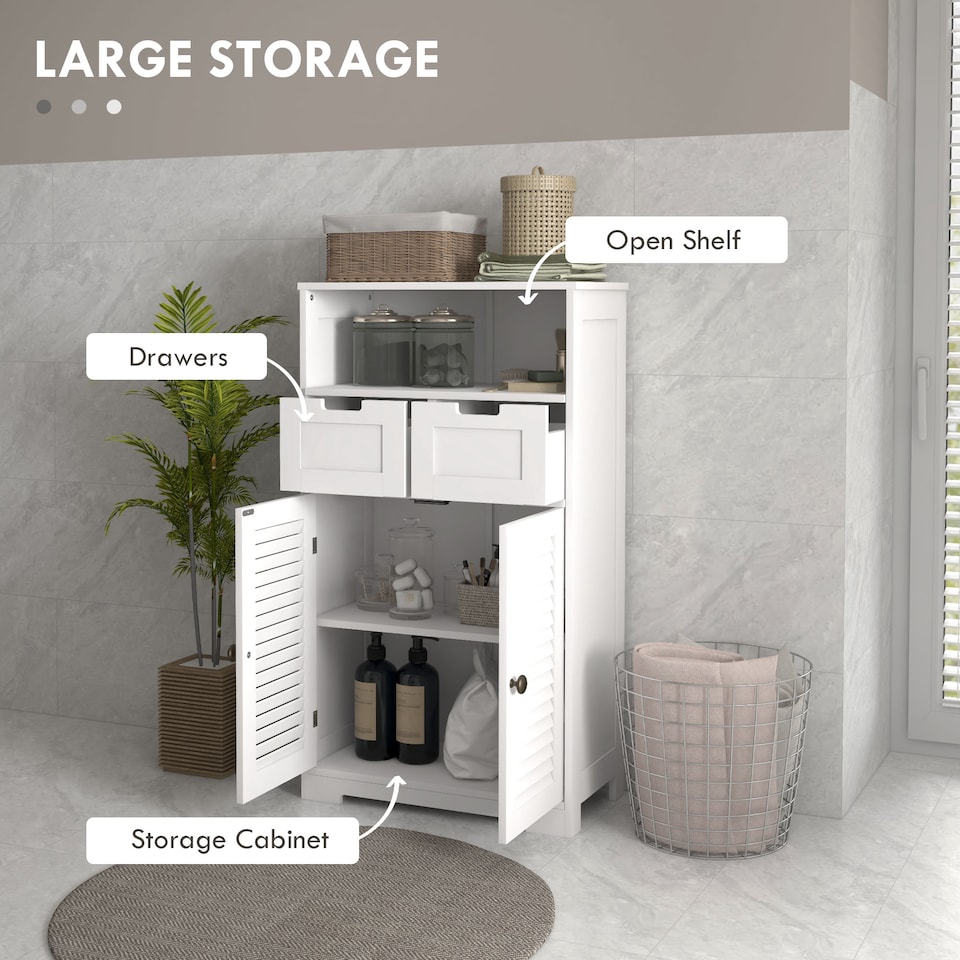 image 1 of kleankin Bathroom Cabinet with Drawers, Bathroom Storage Cabinet with Louvred Doors, Open Compartment and Adjustable Shelf for Washroom, White