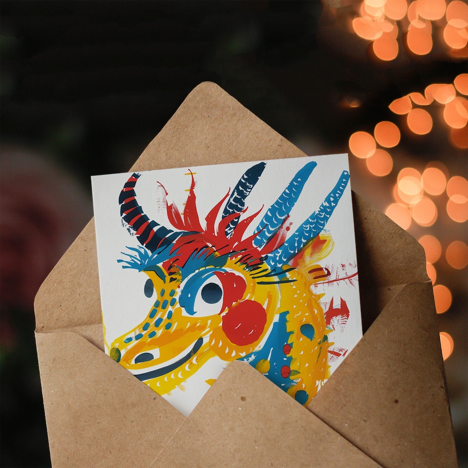 image 1 of Chinese Dragon Yellow Blue Red Paint Sketch Birthday Card