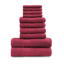 VELVETIO 10 Piece Towel Bale Set Toronto Stripe Pattern - 100% Cotton, 450 GSM Red | Deep Red
