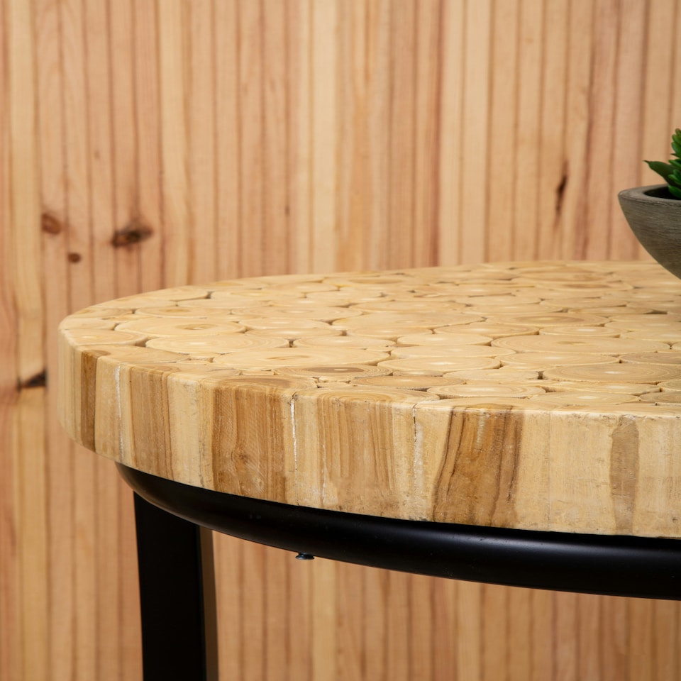 image 1 of Interiors by Premier Round Teak Table with Black Iron Frame, Rustic Teak‑Inlaid Top & Minimalist Iron Base Brown