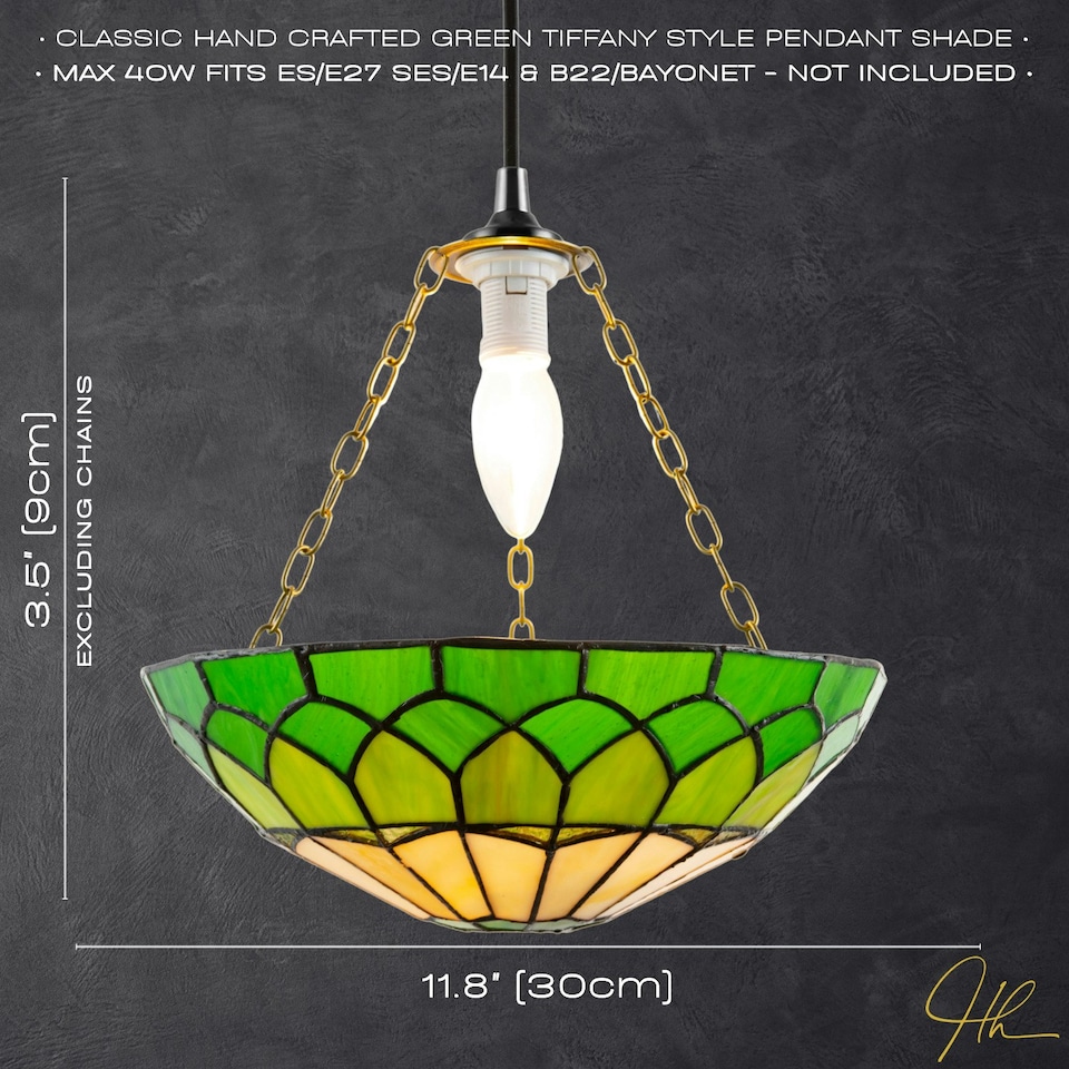 image 1 of Amber and Green Stained Glass Domed Tiffany Pendant Lamp Shade with Chain