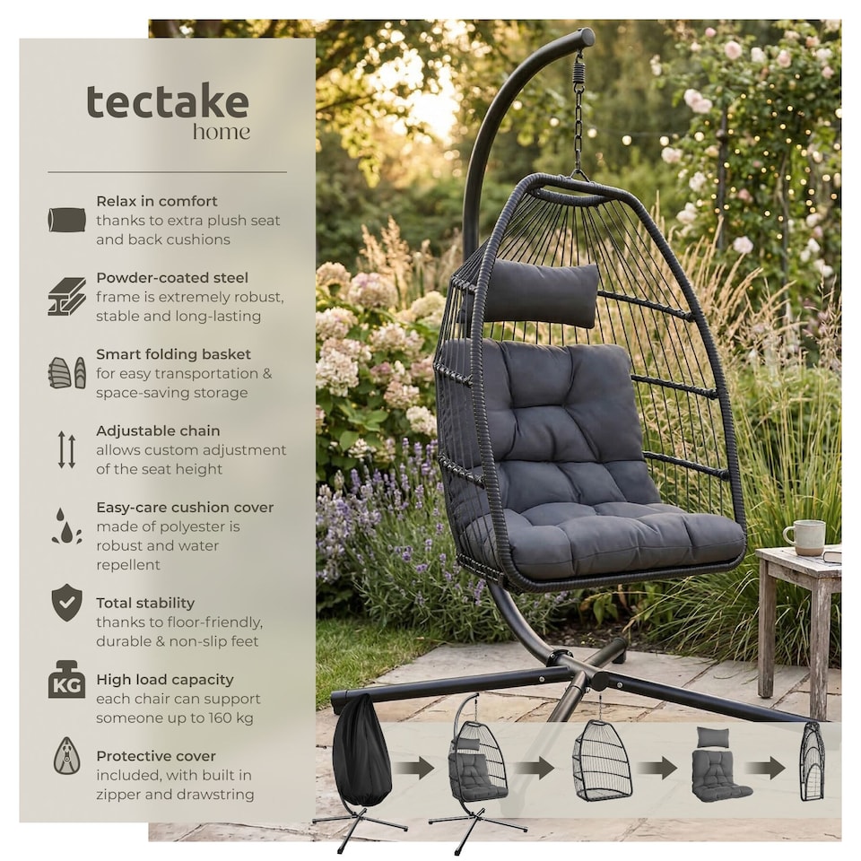 image 1 of Egg Chair Ariane with Swing Seat Frame, Thick Cushions and Protective Cover | Grey | dark grey | 1